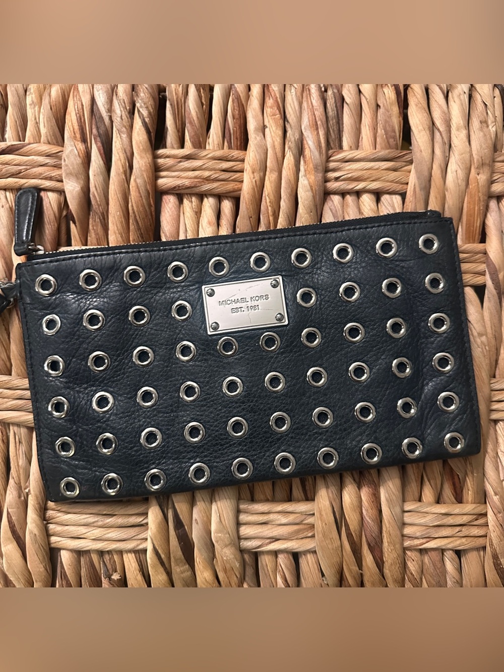Michael Kors Black Leather and Silver Grommet Zip Pouch